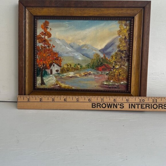 Vintage Landscape Painting In Wood Frame 8.5x6.5 Inches Autumn Mountain Scene Si - Picture 5 of 6